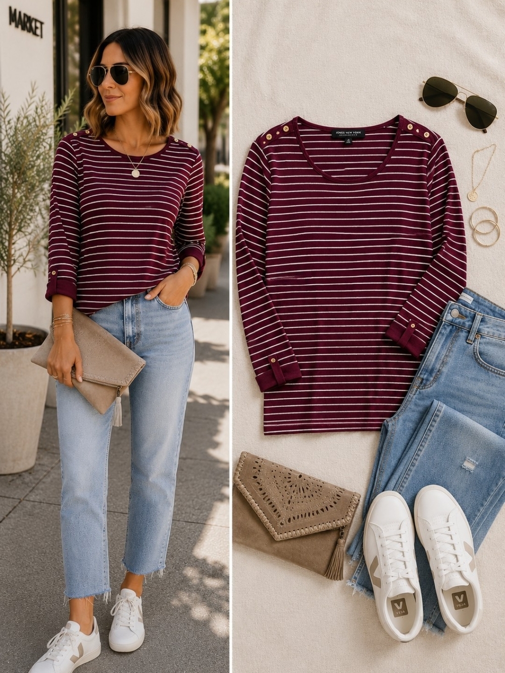 Jones New York Signature Woman 1X Burgundy Striped Top Plus 100% Cotton Roll Tab